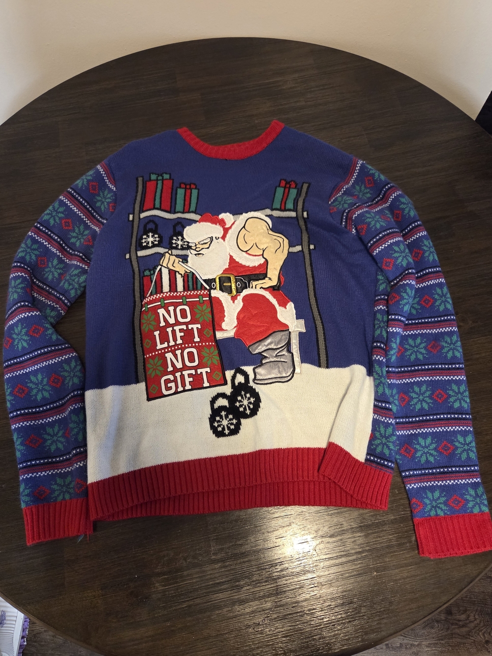 Blizzard Bay Mens XL No Lift No Gift Buff Santa Ugly Christmas Sweater‎ Blue Red